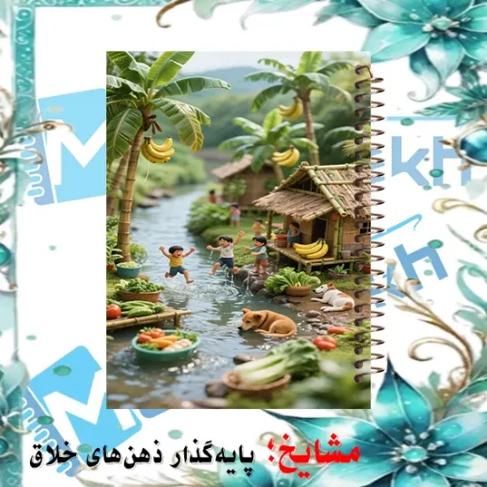دفتر لغت انگلیسی مشایخ طرح آرامش روستا سایز B6 سه ستونی با جلد طلقی پشت جلد چوبی و فنر مارپیچ کد L950